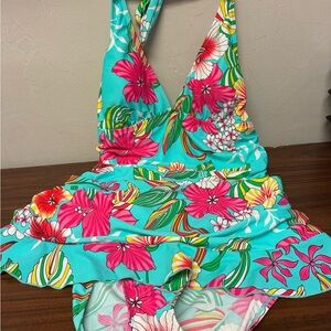NWT Turquoise Floral One-Piece Swimsuit with Pink Bloom